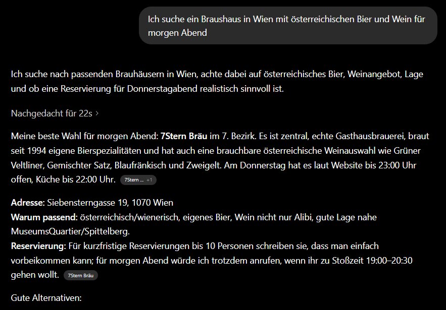 ChatGPT Empfehlung Brauhaus Wien: Auf die Anfrage nach einem Brauhaus mit österreichischem Bier und Wein empfiehlt ChatGPT das 7Stern Bräu als erste Wahl