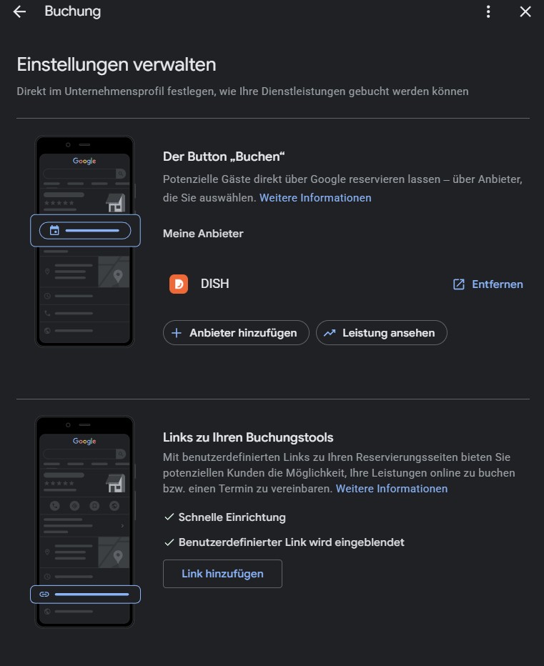 Google-Einstellungsseite 'Buchung' mit den zwei Optionen: verbundener Anbieter unter 'Meine Anbieter' und eigener Link unter 'Links zu Ihren Buchungstools'