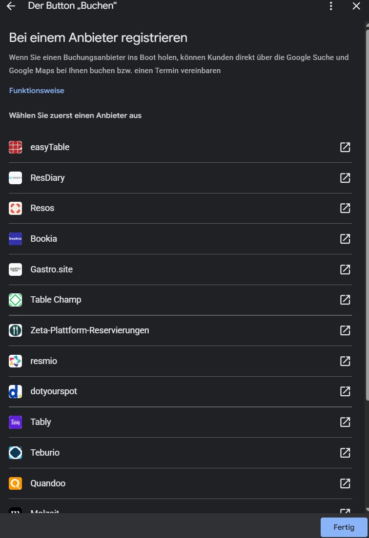 Liste von Buchungsanbietern zur Registrierung im Google Business Profil, unter anderem easyTable, ResDiary, resmio und Quandoo