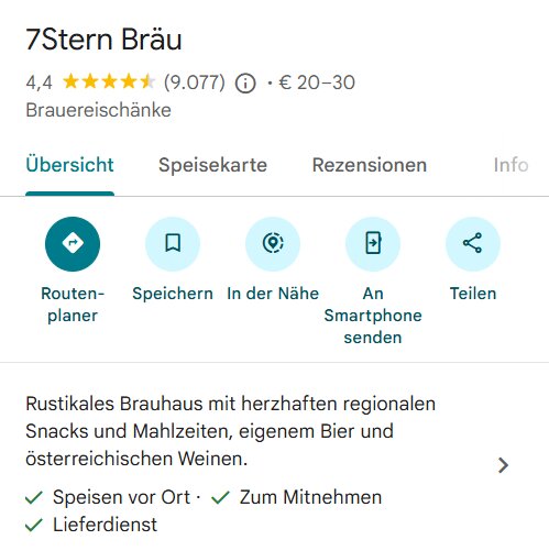 Google Business Profil 7Stern Bräu Wien mit GBP-Beschreibung: Rustikales Brauhaus mit herzhaften regionalen Snacks und Mahlzeiten, eigenem Bier und österreichischen Weinen