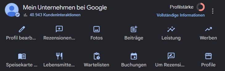 Google Business Profil Dashboard mit Icons für Rezensionen, Fotos, Beiträge und weitere Funktionen