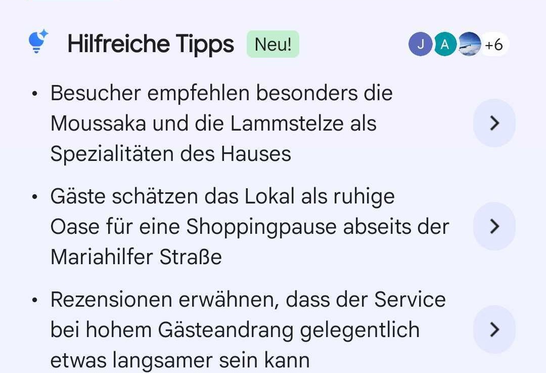 Helpful tips section on a Vienna restaurant's Google Maps profile (German-language app) with AI-generated bullet points on dishes, atmosphere and service