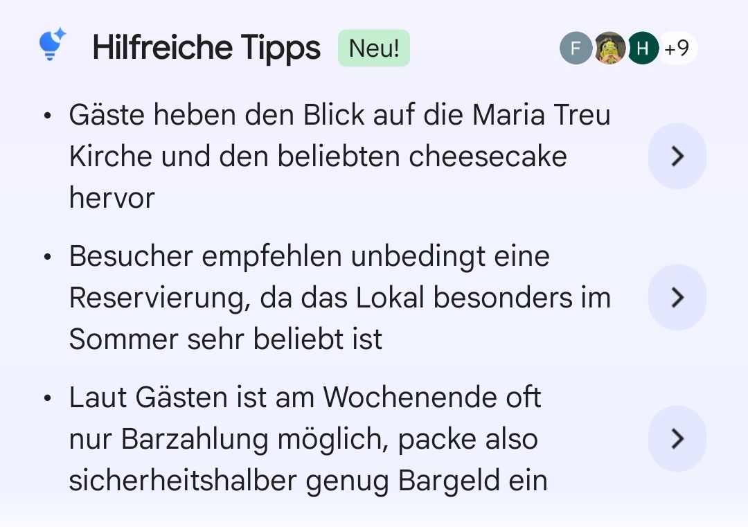 Helpful tips section on another Vienna restaurant's Google Maps profile (German-language app) with AI-generated bullet points on location, reservations and payment
