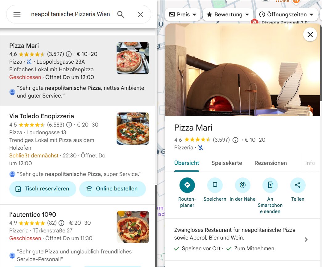 Google Maps Suchergebnis neapolitanische Pizzeria Wien: Pizza Mari Platz 1 mit GBP-Beschreibung neapolitanische Pizza, l'autentico 1090 trotz 4,9 Sterne auf Platz 3 ohne Keyword in der Beschreibung