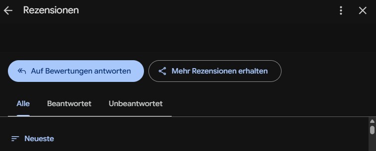 Rezensionen-Ansicht im Google Business Profil mit den Buttons 'Auf Bewertungen antworten' und 'Mehr Rezensionen erhalten'