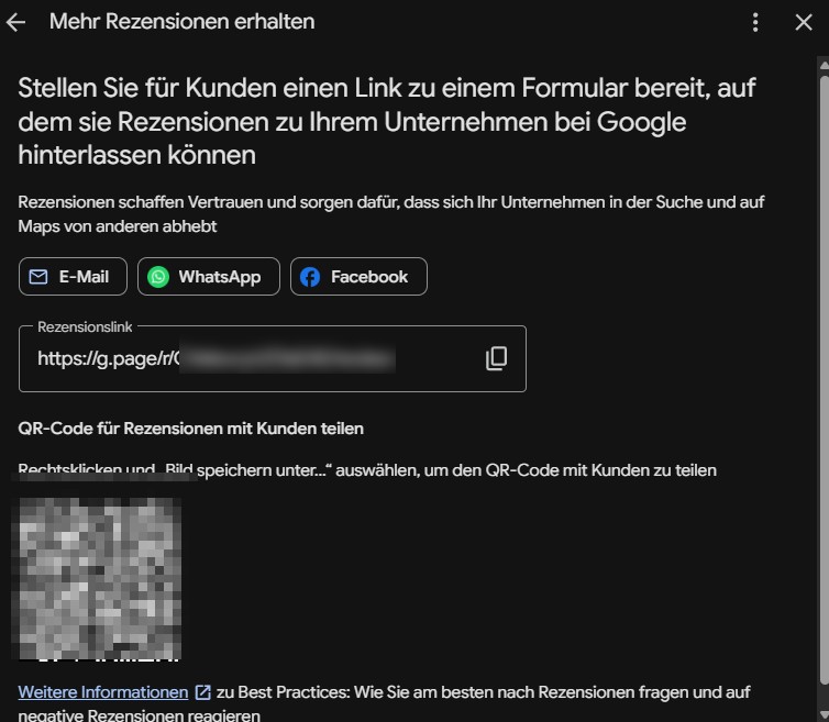 Google-Funktion 'Mehr Rezensionen erhalten' mit Freigabeoptionen für E-Mail, WhatsApp und Facebook sowie dem Bereich für Rezensionslink und QR-Code
